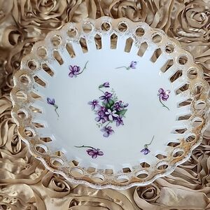 Vintage Thames Handpainted Dainty Violet Pedestal Cutwork Dish Coquette Bridal
